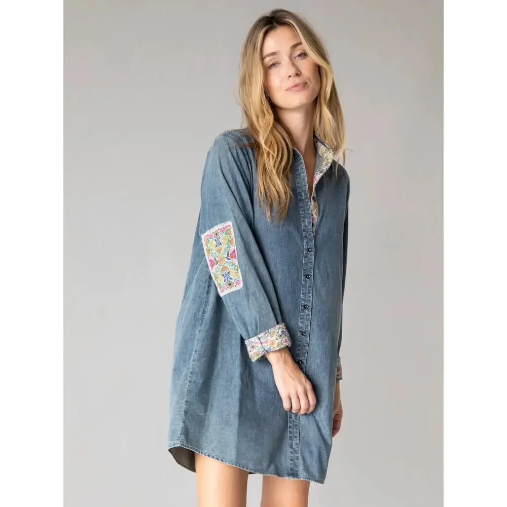 NATURAL LIFE Blue Denim Mini Dress with Floral Accents - Picture 1 of 9